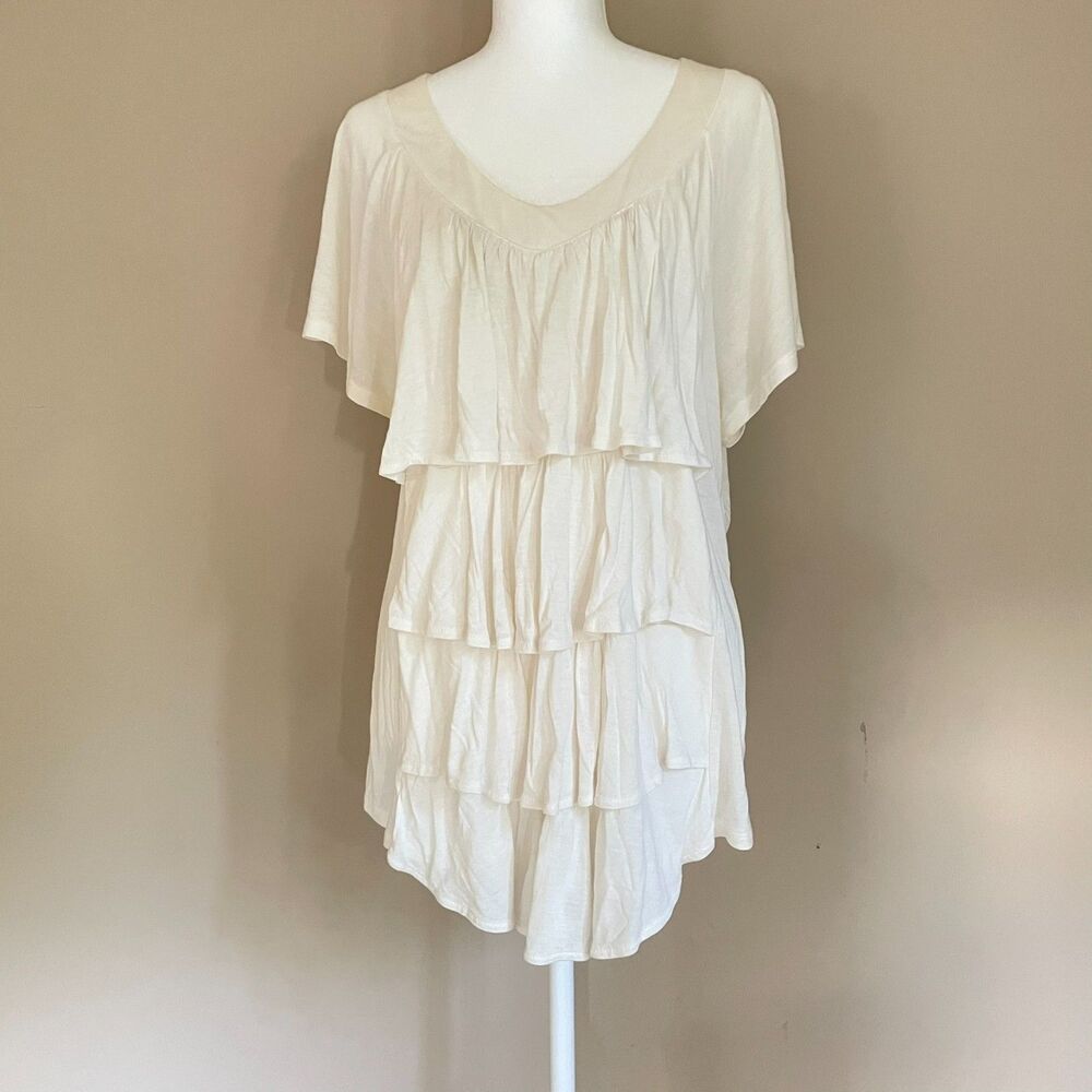NY&C L Boho Cottagecore Ivory Short Sleeve Ruffles V-Neck Summer Top Festival